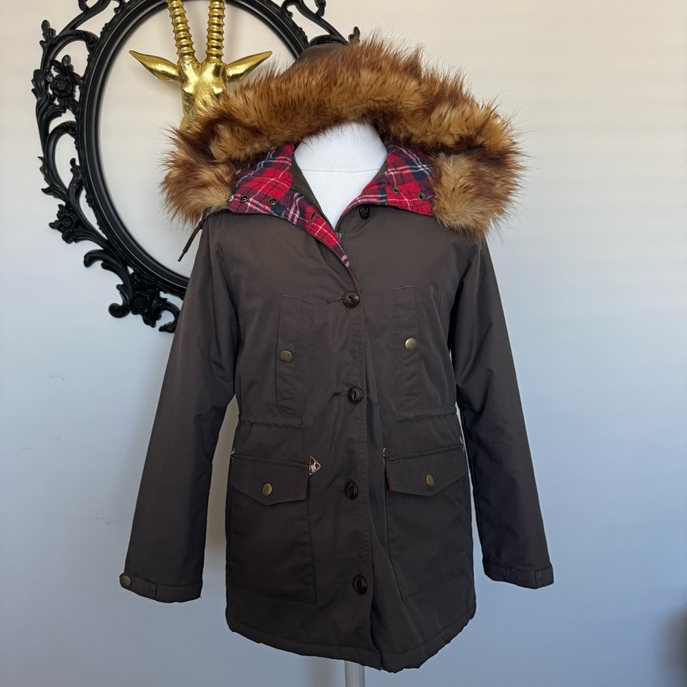 Obey Propaganda Army Green Brown Parka Utility Jacket with Faux Fur Hood